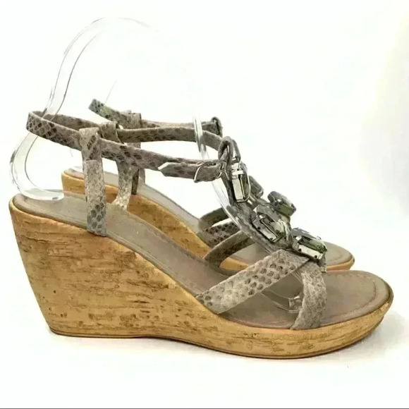 Lorenzo Chelini womens sandals size 40 taupe snakeskin print t-strap platforms - Picture 1 of 12